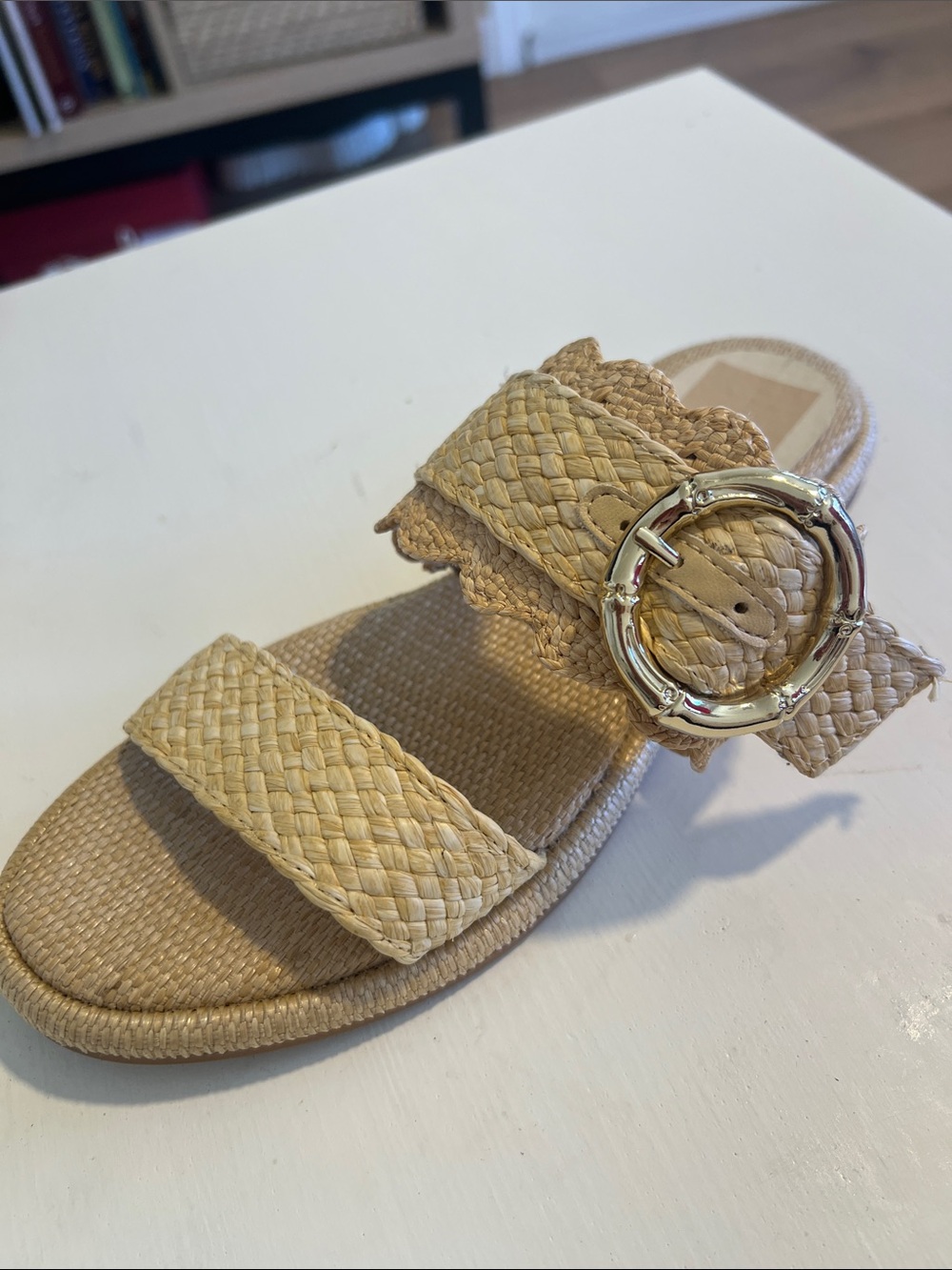 Dolce Vita Natural Raffia Double-Strap Slide Sandals with Silver Buckle